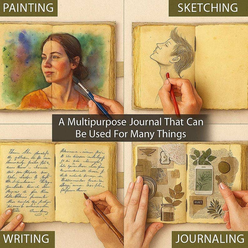 Leather Journal Blank Vintage Notebook with Moon Print