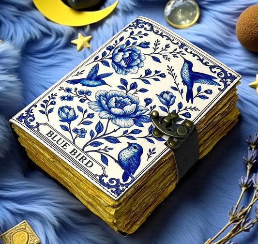 Leather Journal Blank Vintage Notebook with Blue Bird Print