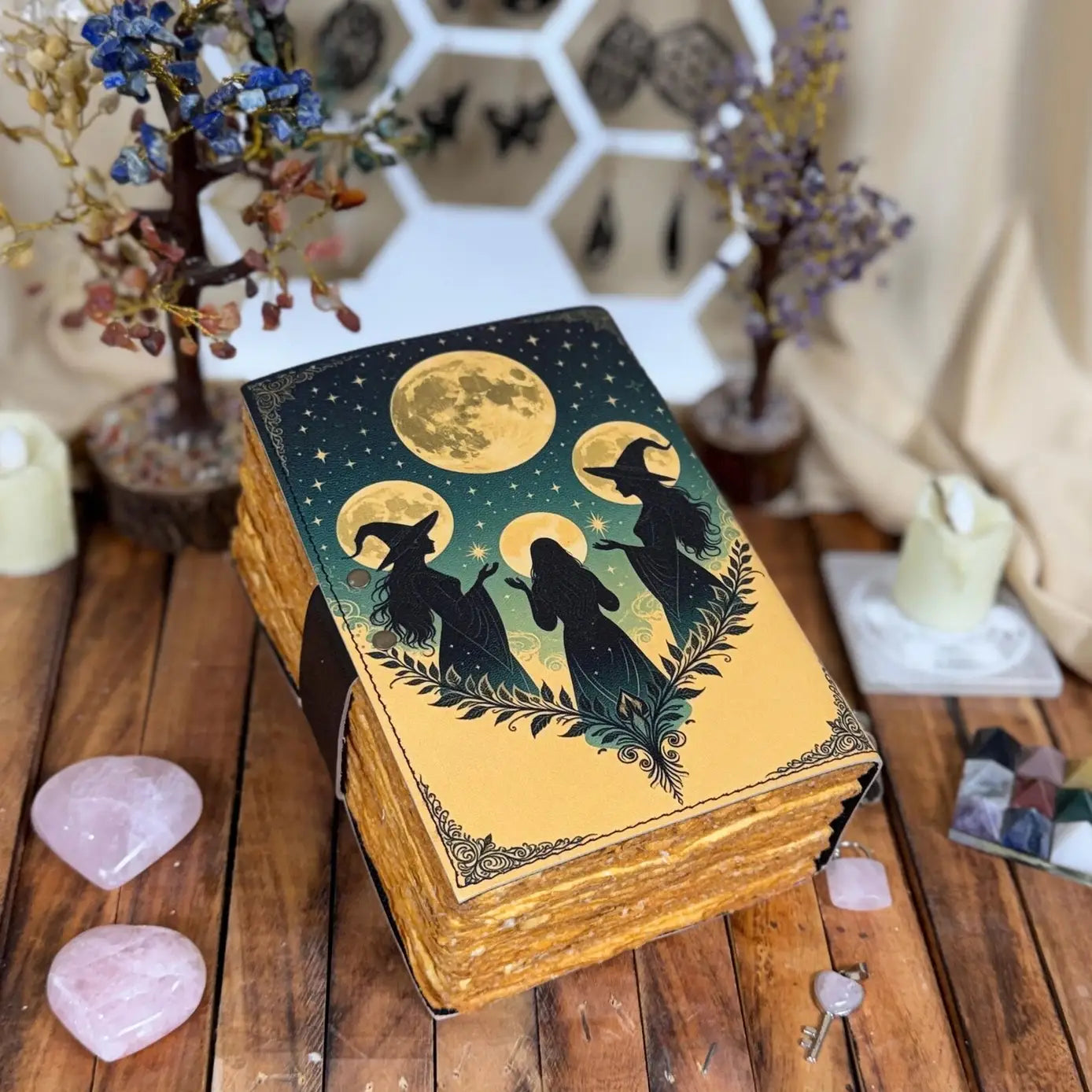Leather Journal Blank Vintage Notebook with 4 Moon Print