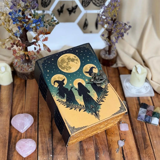 Leather Journal Blank Vintage Notebook with 4 Moon Print