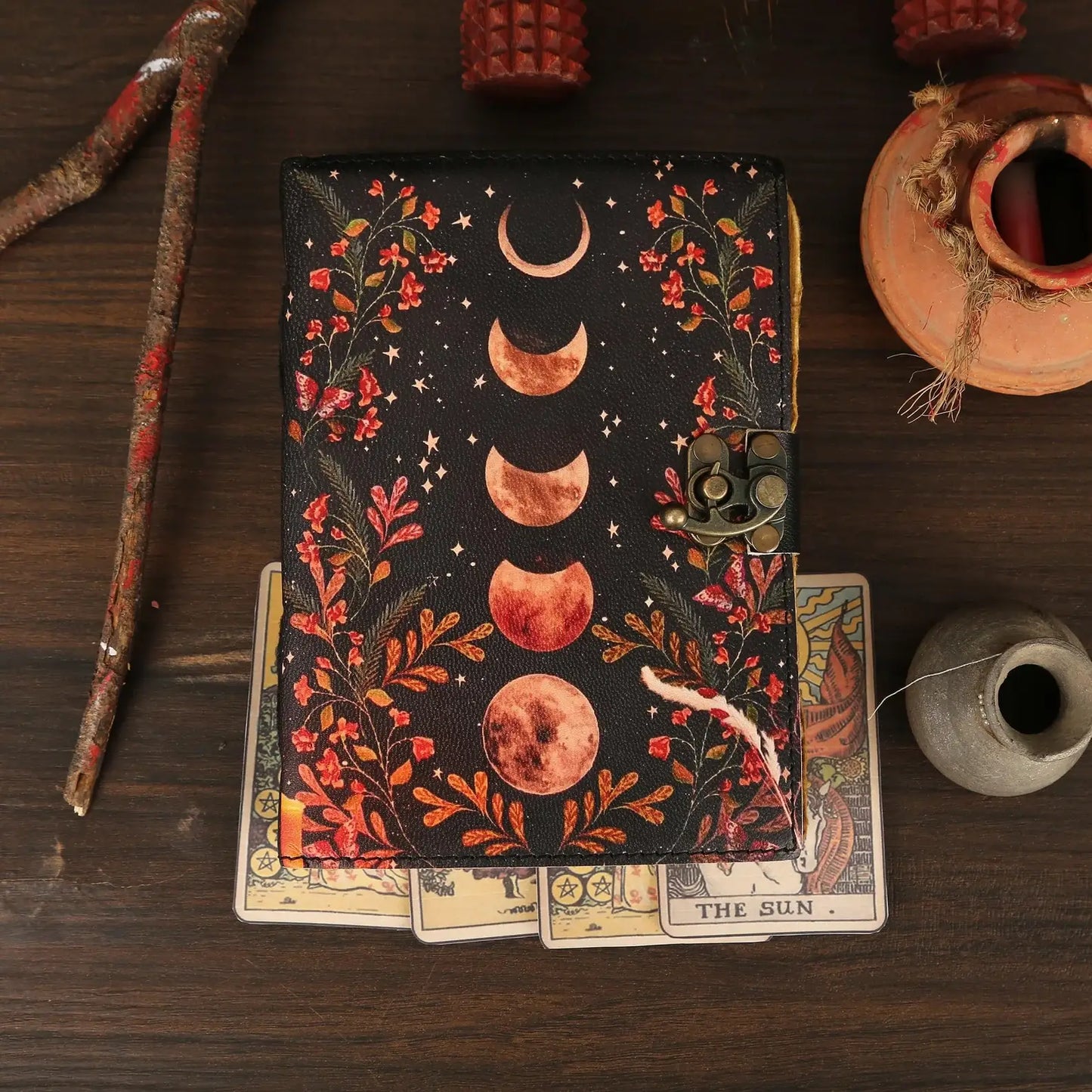 Leather Journal Blank Vintage Notebook with Moon Print  