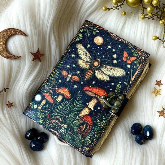 Leather Journal Blank Vintage Notebook with Mushroom Print