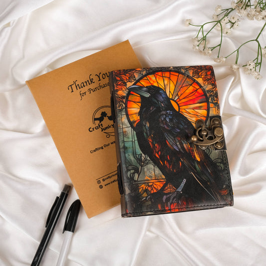 Leather Journal Blank Vintage Notebook with Crow UV Print